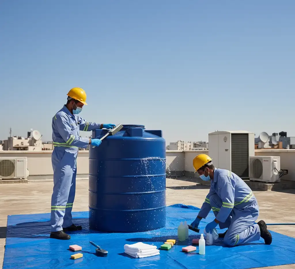 فريق شركة يونايتد كلين أثناء تنظيف خزانات مياه في أبوظبي باستخدام أدوات حديثة وتقنيات التعقيم المتقدمة.