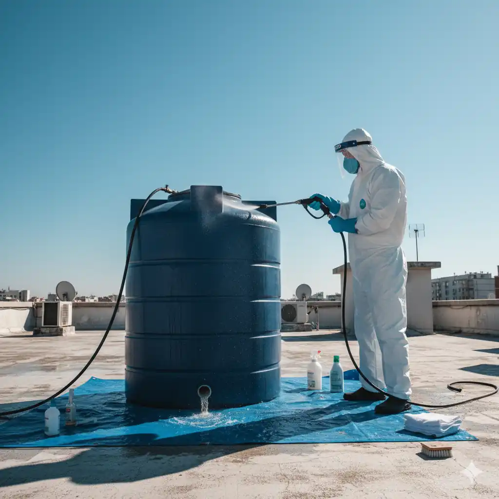 خزان مياه نظيف بعد عملية التعقيم بواسطة شركة تنظيف خزانات مياه يونايتد كلين في أبوظبي.