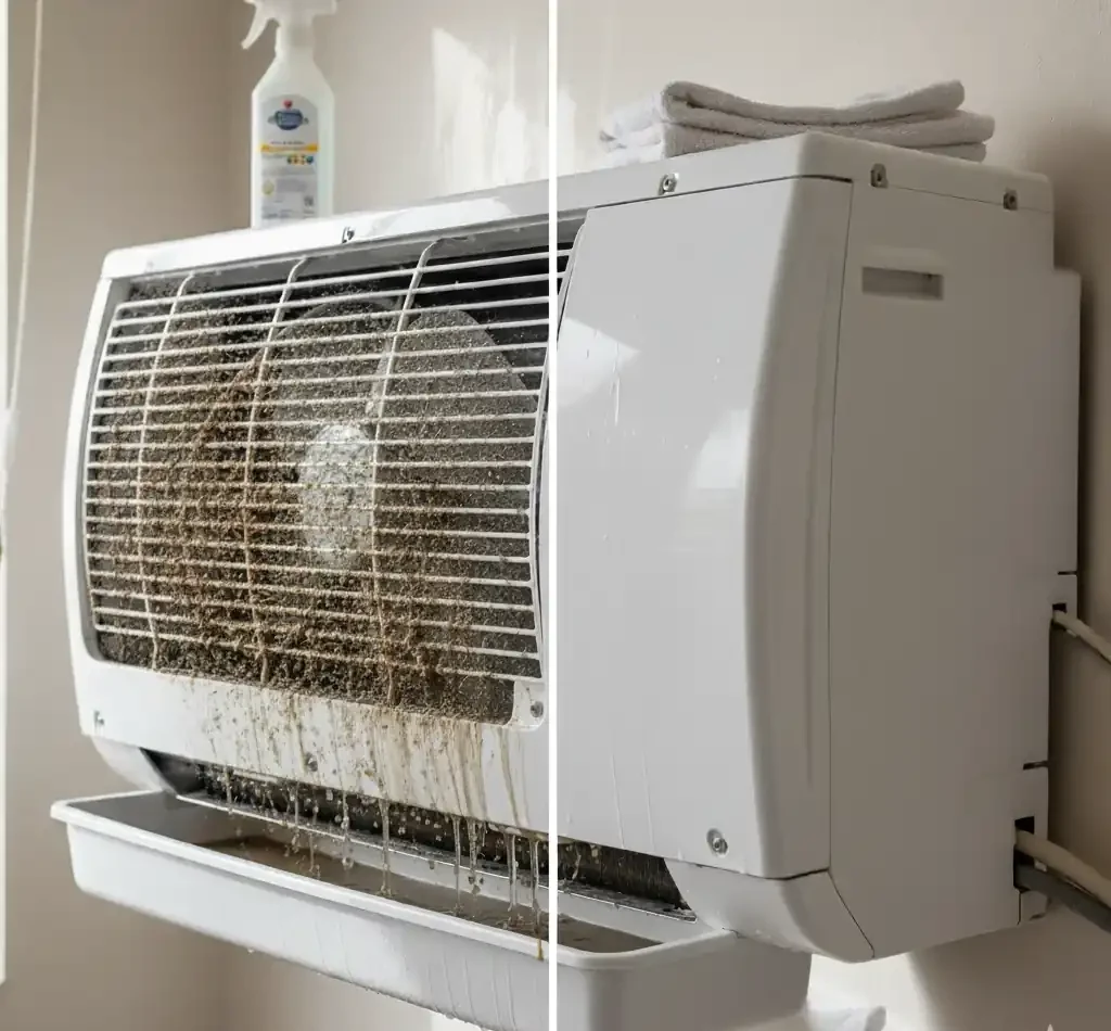 مكيف متسخ قبل التنظيف – يوضح أهمية خدمات شركة تنظيف المكيفات في أبوظبي.