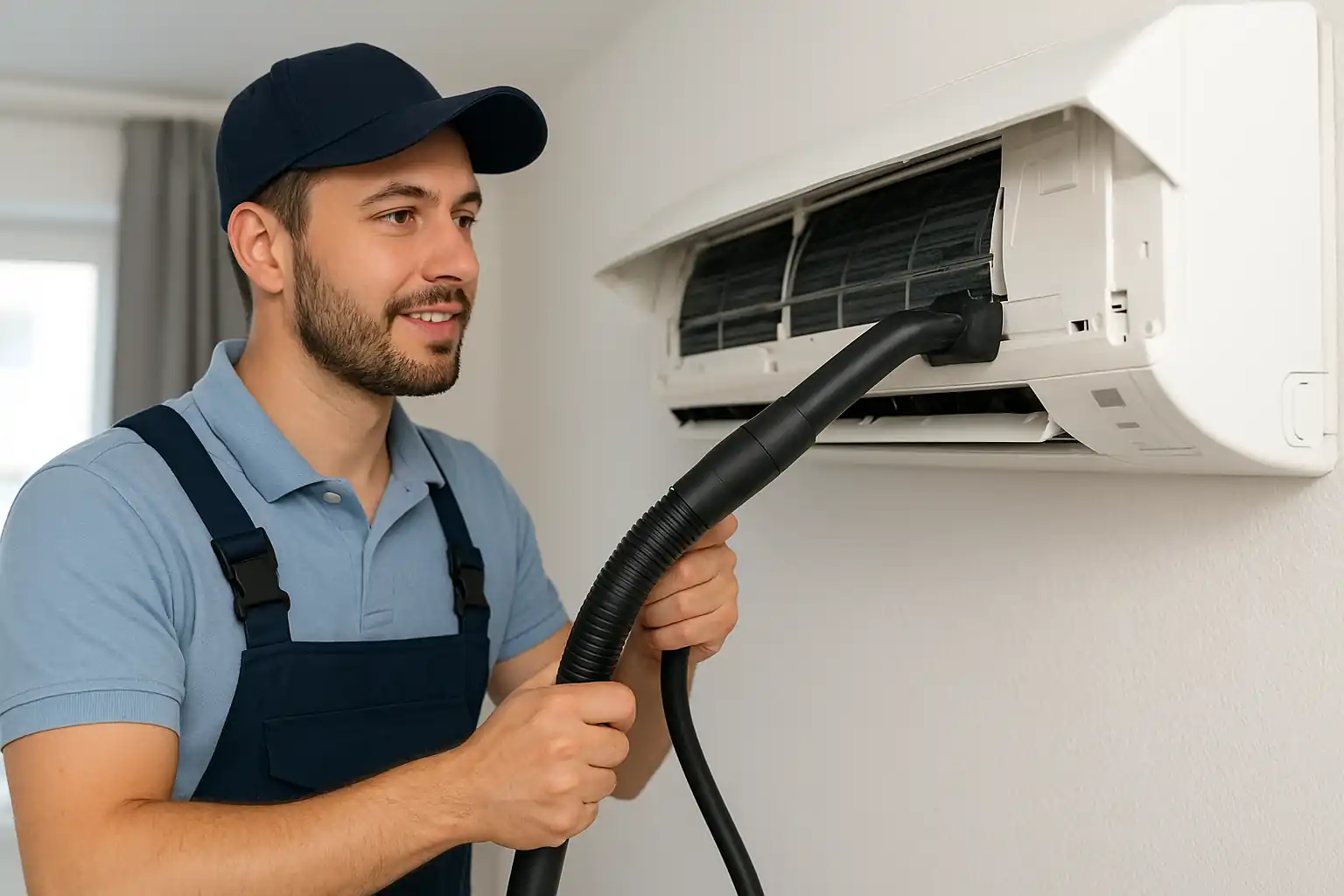 فني من شركة تنظيف مكيفات وخزانات يونايتد كلين ينظف وحدة تكييف داخل منزل إماراتي