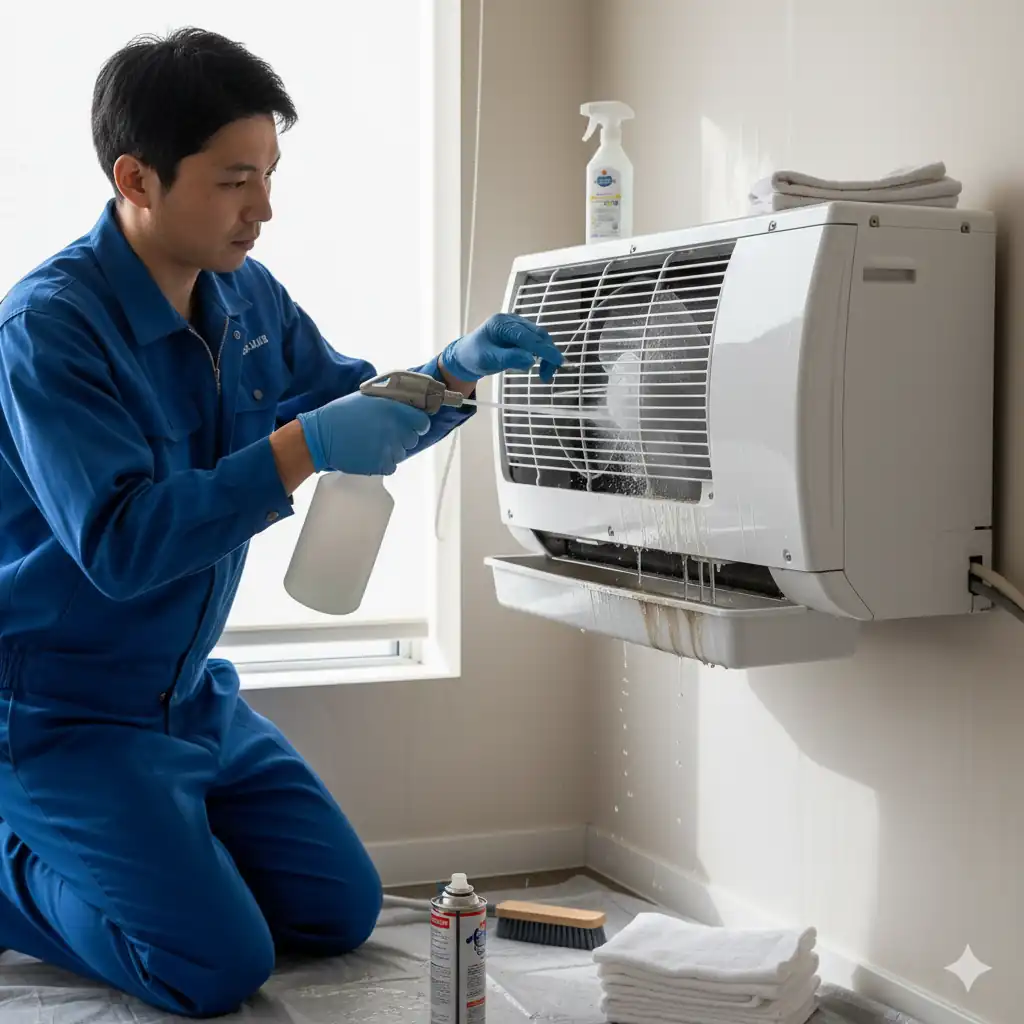 فني من شركة تنظيف المكيفات يونايتد كلين أثناء العمل – توضيح للاحترافية والدقة في الخدمة.